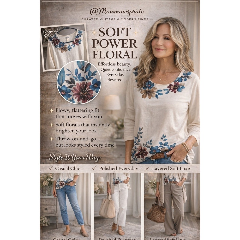 Bon Worth Floral Blouse Top Women LP Blue Boho Casual Cottagecore Soft Chic